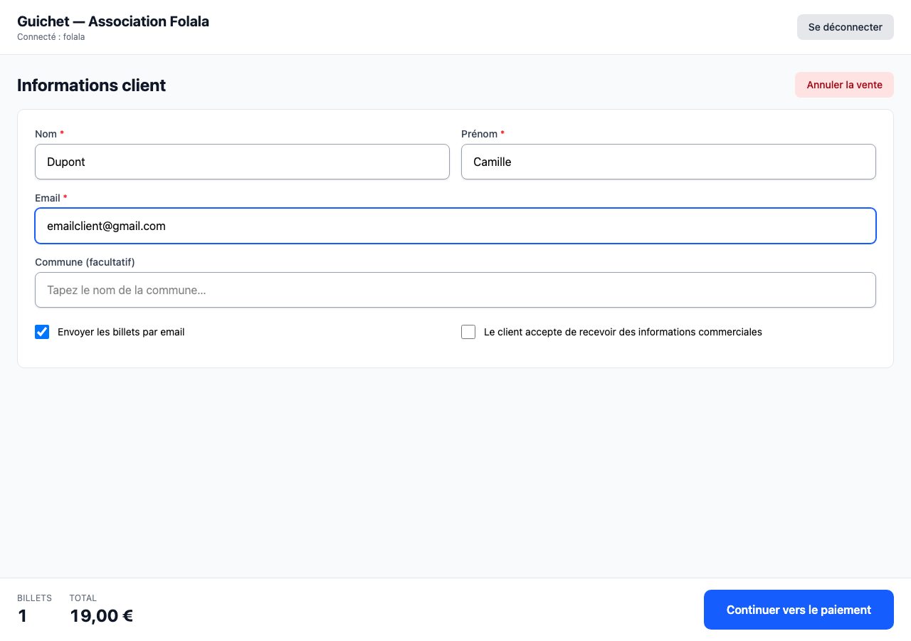 Le bouton « Annuler la vente » en haut à droite de la saisie client
