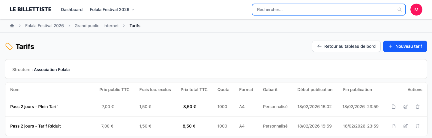 Liste des tarifs